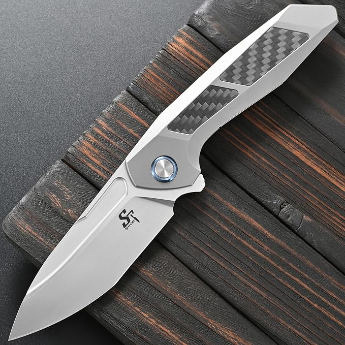 Sitivien ST996 Folding KnifeHandmade M390 Pearlescent Polishing BladeTitanium &amp Carbon Fiber Handle Pocket Knife for Outdoor CampingHikingHunting(Gray)