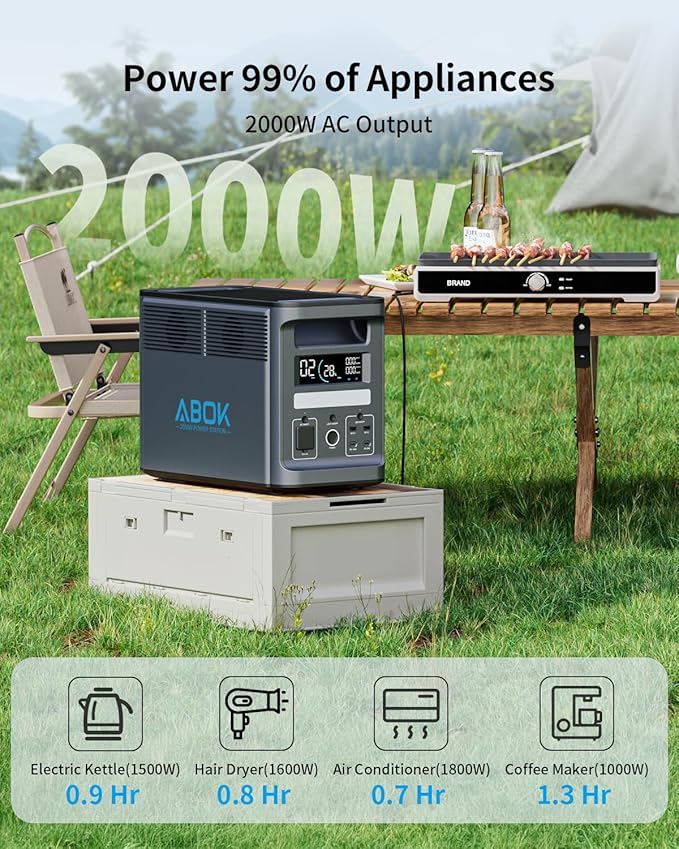 3072Wh (1536Wh x 2) ABOK Ark2000 Portable Power Station with Extra Battery LiFePO4 Expandable to 4.6kWh 2.5 Hrs 0-100% UPS App 2000W AC Solar Generator for Camping Emergency RV Off-Grid Living