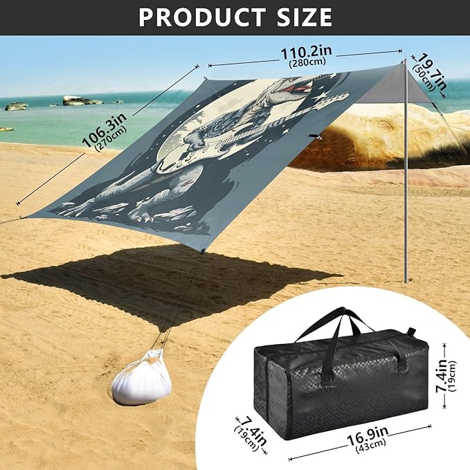 ALAZA Dinosaur Guitar Moon Musician Beach Tent Sun Shelter UPF50+ Protection Beach Shade Canopy w/ 4 Sandbags for Outdoor Camping Fishing Backyard Fun Picnic 10x9 ft