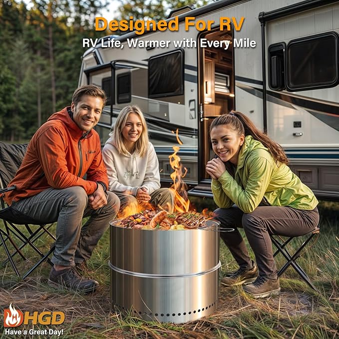 HGD 19.5 Inch Smokeless Firepit with Grill Portable Wood Burning Fire Pit for Camping &amp Backyard Stainless Steel Outdoor Fireplace with Travel Bag Easy Setup &amp Compact Storage - Foldable De