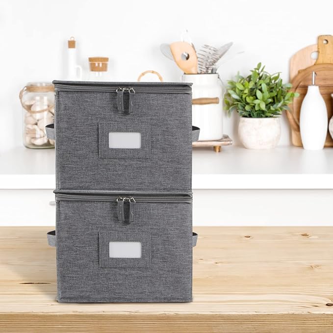popoly China Storage Containers Hard Shell Inside 10 W x 8 H Salad Plate Storage Containers for Dishes Dinnerware with 24 Felt Dividers Hold 24 Plates Foldable and Stackable (2 Pack Grey)