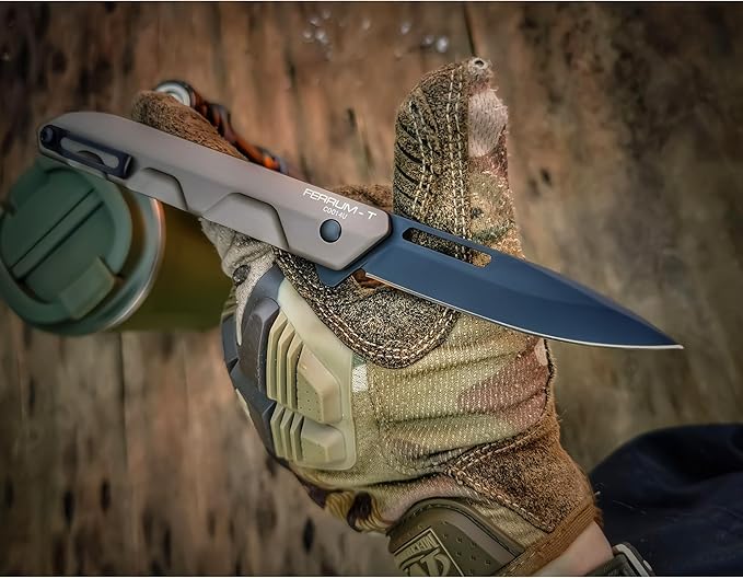 Extrema Ratio - Ferrum T (Mud) Folding Knife Böhler N690 Steel Blade 58 HRC Burnished Finish Smooth Aluminum Handle Ergonomic Design Durable Fixed Blade Italian Craftsmanship