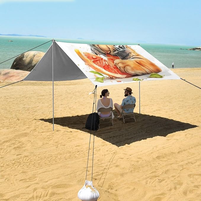 ALAZA Cute Tiger Waterlemon Beach Tent Sun Shelter UPF50+ Protection Beach Shade Canopy w/ 4 Sandbags for Outdoor Camping Fishing Backyard Fun Picnic 10x9 ft