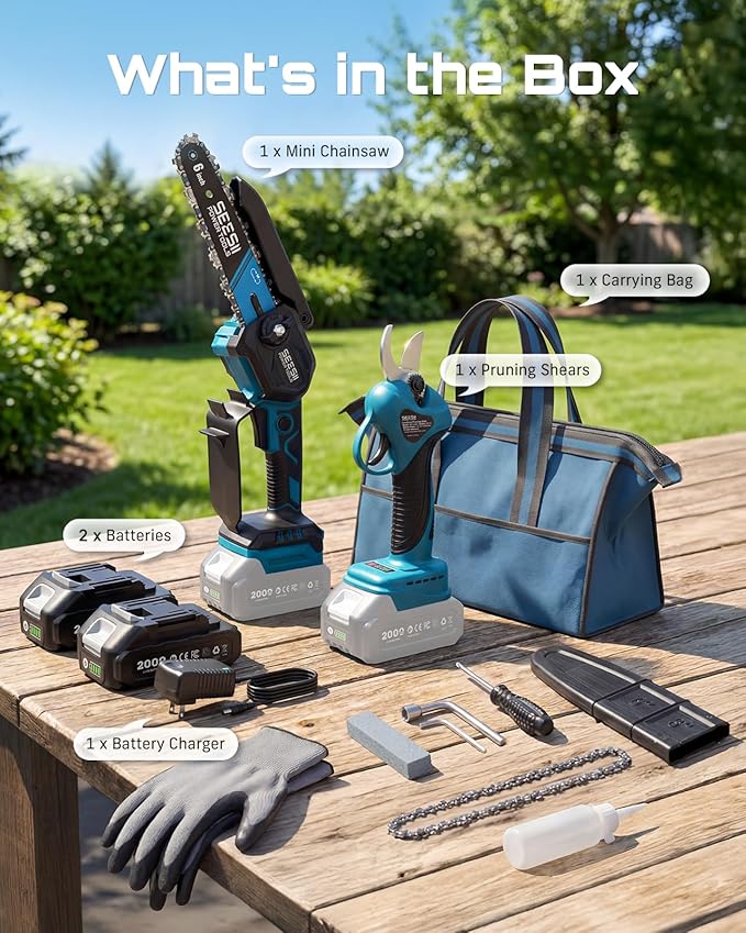 SEESII Mini Chainsaw &amp Electric Pruning Shears Combo 6-inch Brushless Handheld Power Chain Saw 1.2” Cutting Cordless Pruner for Tree Trimming Tools Kit with 2x2000mAh Batteries Fast Charger