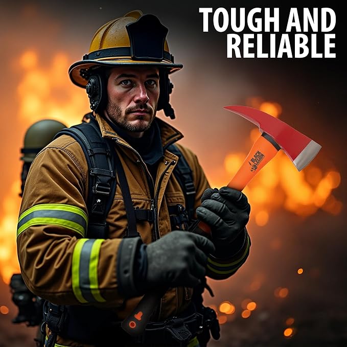 Black Legion Firefighter Axe | All-Stainless Steel Construction | Striking Red Axe Head | No-Slip Rubberized Handle | 4 Blade | 23 1/2 Overall