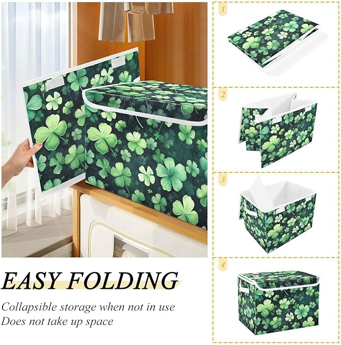 senya St. Patrick's Day Baskets Collapsible Storage Bins with Lids St Patricks Clover Leaves Storage Boxes Clothes Baskets for Organizing