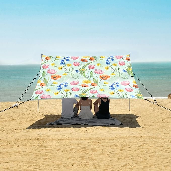 Wildflowers Beach Canopy Sun Shelter with Sandbags &amp Sand Shovel &amp Windproof Ropes - Portable 110x126 Beach Shade Beach Tent for Camping Picnics