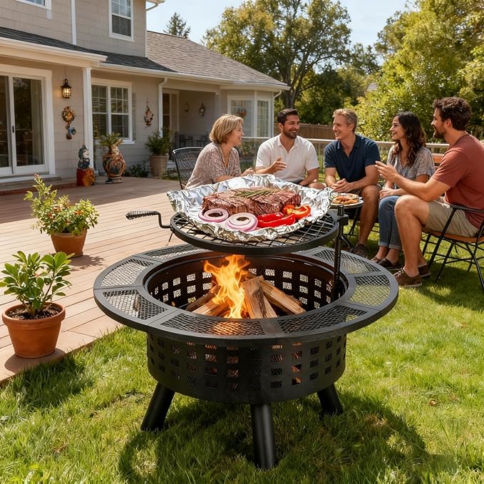 36 inch Outdoor Fire Pit with GrillWood Burning Firepits for Outside with Lid &amp Fire PokerMetal 3-in-1 Fire Pit Table with Cooking GrateOutdoor Fireplaces for BonfireYardBBQ（Jet Black）