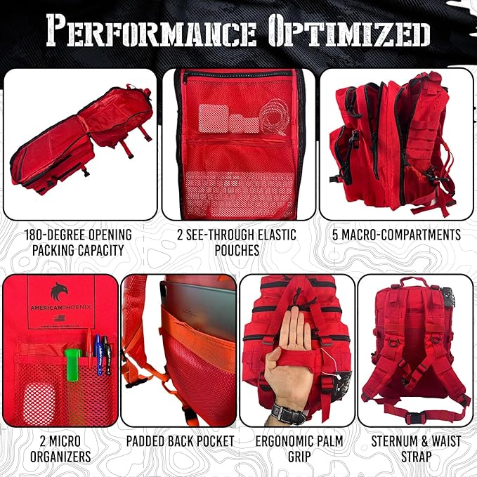 AMERICANPHOENIX 45L Elite Tactical Backpack | 3X Stronger Work &amp Military Backpack | Water Resistant and Heavy Duty | 3 Day MOLLE Bug Out Bag (Scarlet Sage)