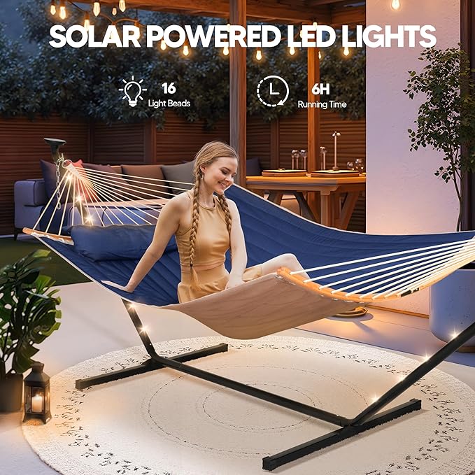 SUNCREAT Double Outdoor Hammock with 12 ft Stand Solar Powered Lights Portable 2 Person Hammock with Stand Dark Blue