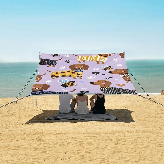 ALAZA Purple Background Dog Pattern Beach Tent Sun Shelter Portable Canopy Sunshade for Outdoor Camping Picnics Backyard Fun 10x9 ft
