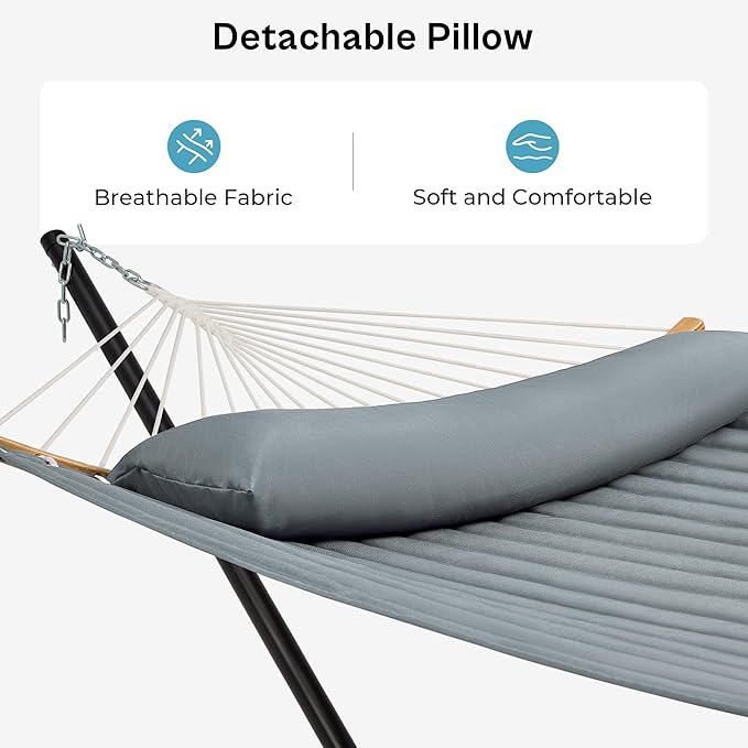 SUPERJARE Hammock with Stand 2 Person Heavy Duty Hammock with Padded Cotton Detachable Pillow &amp Strong Curved-Bar &amp Portable Carrying Bag Perfect for Outdoor &amp Indoor Neutral Gray