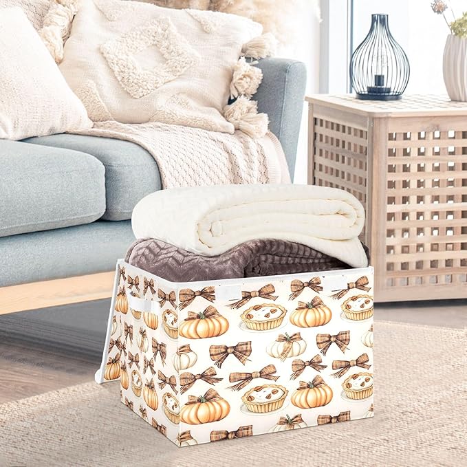 Bolaz Storage Bins with Lids and HandlesAutumn Pie Pumpkin Bows Pattern Storage Box Basket with Cover Collapsible Organizer Containers for Home Closet Shelves