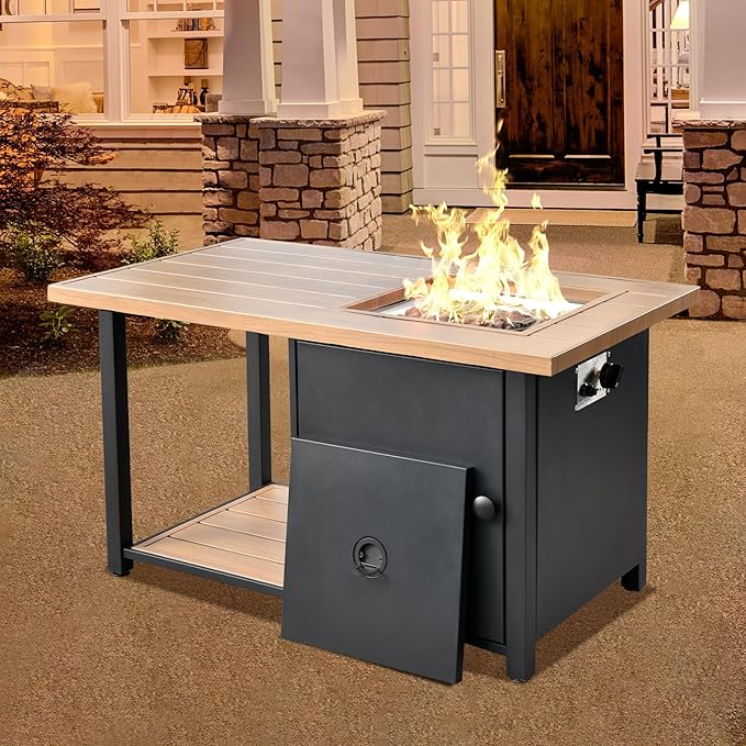 OVIOS 46 Inch Outdoor Patio Fire Pit Table 50000 BTU Heater Metal Steel Frame Propane Firepits with Storage Space Wood-Like Tabletop Waterproof Cover Lid Lava Rock Black