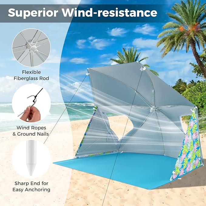Tangkula Beach Tent for 2-4 People 2-in-1 Beach Tent Sun Shelter with Extendable Floor Roll-Up Windows UPF50+ Easy Setup Beach Umbrella for Shade Pool Backyard Camping