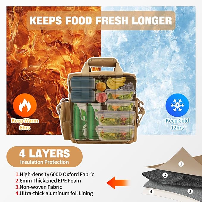 QT&ampQY Tactical Lunch Box for Men Expandable 18L Heavy Duty Military Insulated Cooler Bag Leakproof Thermal Lunch Bag for Work Camping Outdoor Picnic Pail Adult Meal MOLLE Webbing Khaki