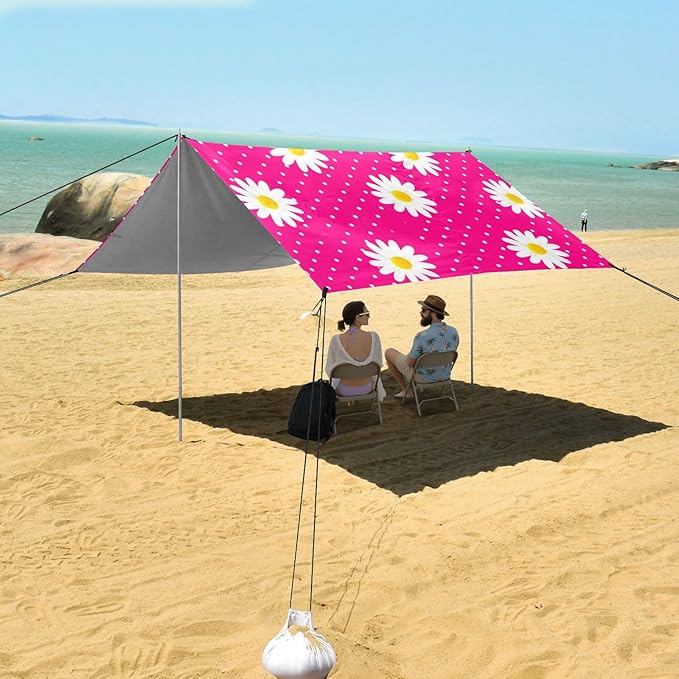 Beach Canopy with Windproof Ropes &amp Sandbags Beach Tent Sun Shade Sun Shelter for Camping Trips Fishing Backyard Fun or Picnics Daisy