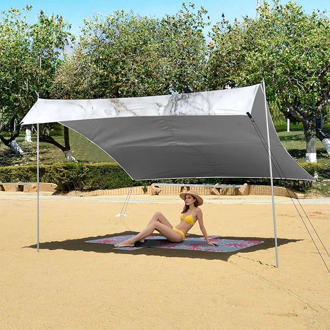 ALAZA White Marble with Hints of Black Pattern Beach Tent Sun Shelter Portable Canopy Sunshade for Outdoor Camping Picnics Backyard Fun 10x9 ft