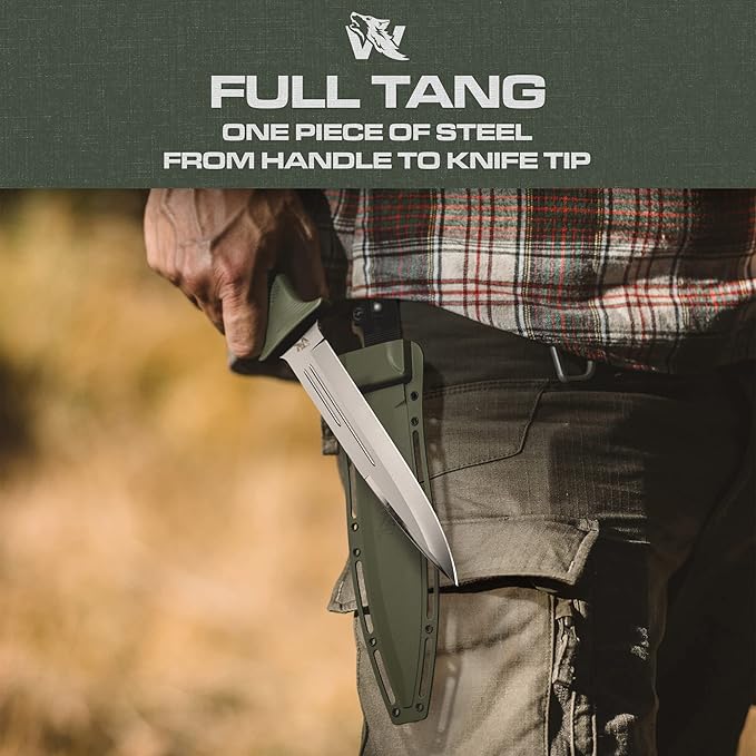 ODENWOLF W-Catcher Fixed Blade Knife with Sheath - Large Hunting-Knife made of D2 steel - Big Fixed Blade Knives with Non-Slip TPE Handle - Full Tang Survivalknife for Outdoor Activities