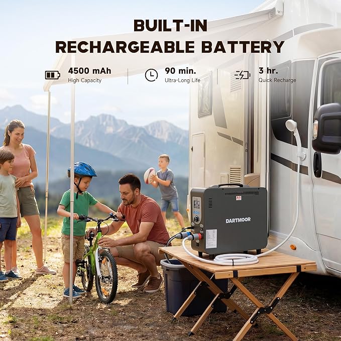 DARTMOOR Portable Propane Water Heater Battery Powered Outdoor Portable Shower with 37500 BTU LCD Display Auto Shutoff Camping Shower with 4500mAh Rechargeable Battery for Hunting Cleaning Camping