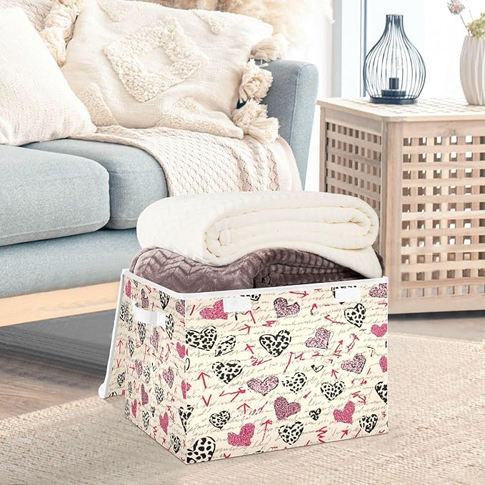 Storage Bins With Lid Stackable Fabric Closet Organizer Clothing Storage Large Boxes For Closet Shelves Bedroom Hearts Leopard Print Arrow Beige