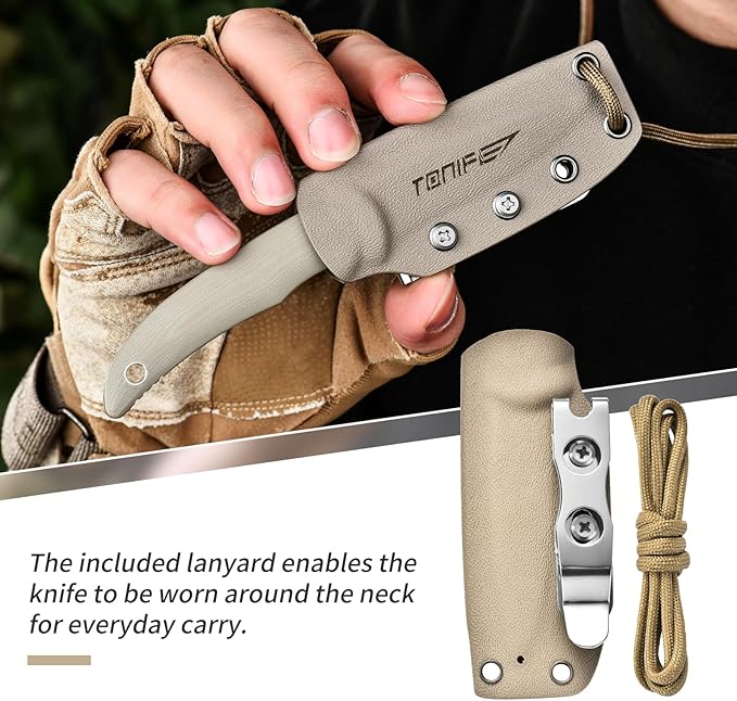 TONIFE Nova 2.68'' Blade Mini Neck Knife Full Tang Fixed Blade Knife with Kydex Sheath and Adjustable Paracord Lanyard for Camping Outdoor Survival Tool (Warmer Sand+Stonewash)