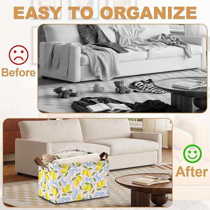 32L Large Storage Bins with Handles Watercolor Fruit Basket Organizer for Shelves Closet Books Laundry &amp Home Decor (Lemons)