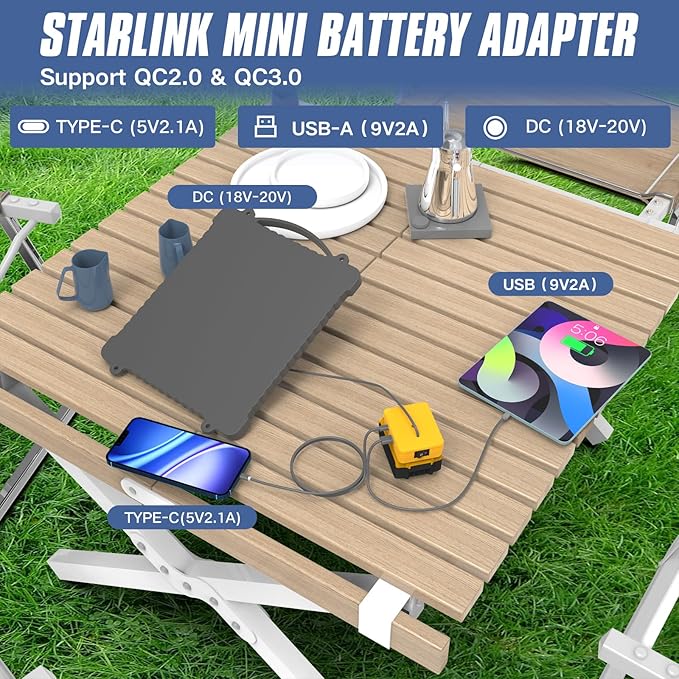 Deckit Starlink Mini Battery Adapter Kit Compatible with DeWalt 20V MAX Portable Off-Grid Power Supply w/Switch Low Voltage Protection Multi-Port Cable &amp Bag