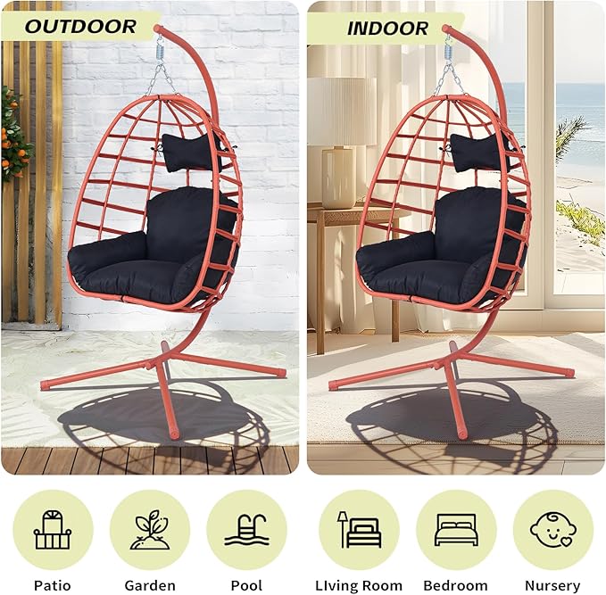 Hanging Egg Chair with Stand Outdoor Indoor Patio Rattan Swing Hammock Chairs with Washable Cushion 350lbs Capacity PE Wicker Swing Chair for Backyard Bedroom Garden (Orange + Black Cushion)