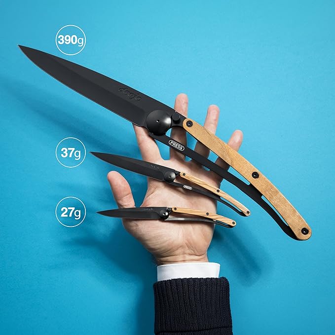 deejo - 37G Folding Pocket Knife with Belt Clip - Trout Design 3.7-Inch Stainless Steel Blade Black Titanium Finish Juniper Wood Handle - Lightweight Everyday Carry for Home Work and Outdoor Use