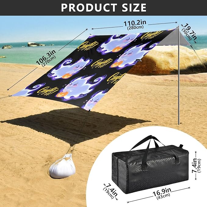 ALAZA Ghost Cat Mouse Pumpkin Pattern Beach Tent Sun Shelter UPF50+ Protection Beach Shade Canopy w/ 4 Sandbags for Outdoor Camping Fishing Backyard Fun Picnic 10x9 ft