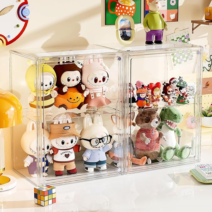 Acrylic Clear Display Case Stackable Plastic Storage Bins with Shelf Figure Figurine Hobby Display Case with Magnetic Lid Large Acrylic Display Box for Collectibles Figures 2 Pack