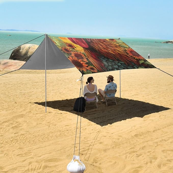 ALAZA Rooster Sun Sunflower Beach Tent Sun Shelter Portable Canopy Sunshade for Outdoor Camping Picnics Backyard Fun 10x9 ft