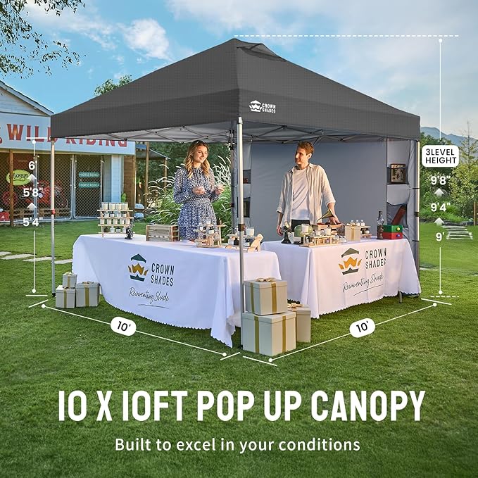CROWN SHADES Canopy Tent 10x10 Pop Up Canopy Outdoor Shade with Pockets Sidewall Easy Up Sun Shelter with One Person Set Up Center Lock Portable Instant Camping Beach Canopies Tents Grid Grey