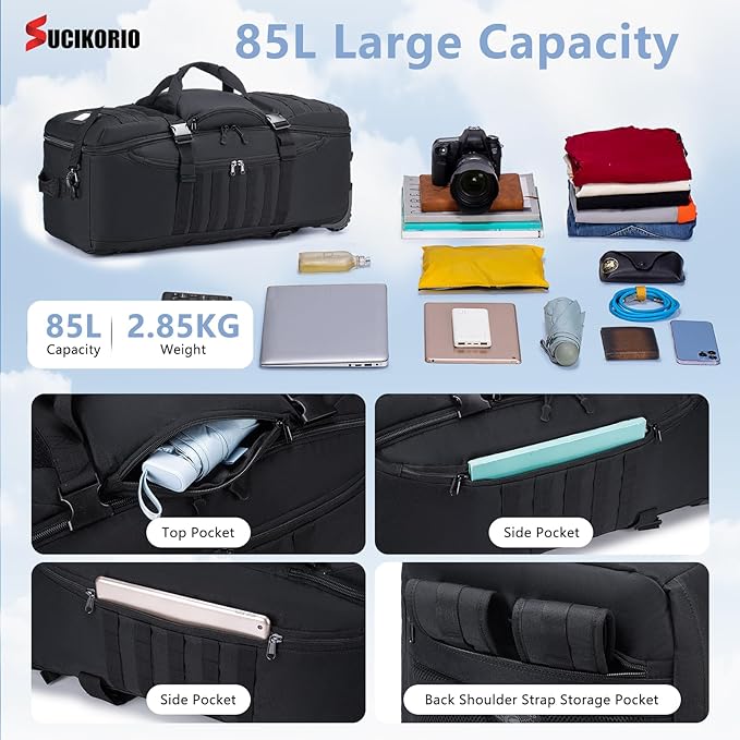 Tactical Travel Duffle Bag with Wheels and Handle 3 in 1 Large 85L XL Rolling Travelling Backpack Waterproof Oxford Carry On Hand Luggage Deployment Bags with Combination Padlock Grey