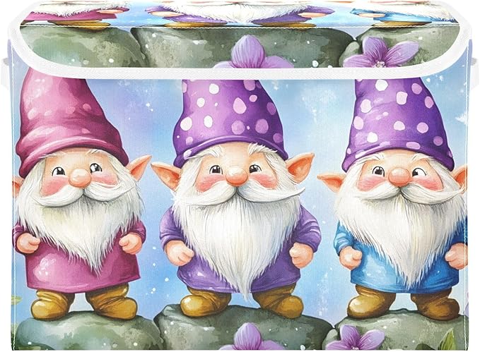 Cartoon Gnomes Storage Cube Bins Basket with Lid Collapsible Flip-top Fabric with Handle for Home Bedroom Closet Office 16.5×12.6×11.8 in