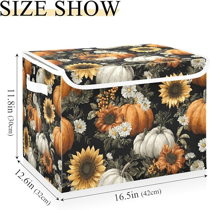Storage Bins with Lids Storage Containers Box Organizer Bin Basket with Handles for Closet Shelves Clothes Stackable Foldable Decorative Black Pumpkins Sunflowers Daisy