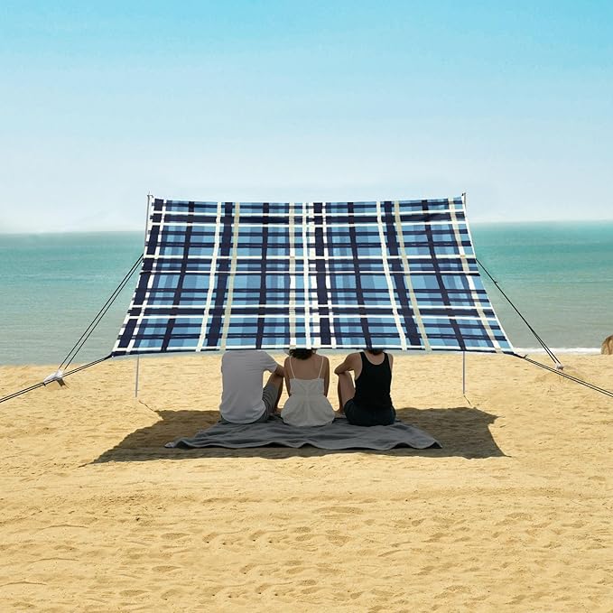 xigua Plaid Pattern Beach Tent Sun Shelter with Carrying Bag - Silver Coated Oxford Fabric Beach Canopy for Beach Camping Fishing - Includes Windproof Ropes Sandbags &amp Stakes