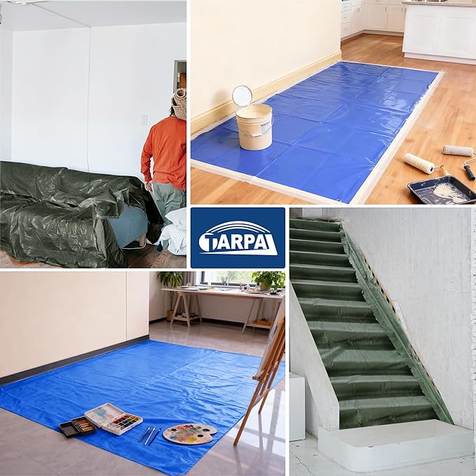 TARPAL 3x200 Feet Tarp Roll 5mil Waterproof Tarps polyethylene Multipurpose Tarp Cover Dustproof Tear Resistant for Decoration Painting Home use（Green/Blue）