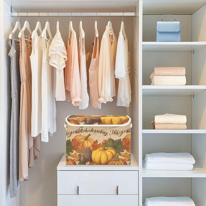 Collapsible Storage Bins with Lids Decorative Fabric Storage Cubes Closet Organizer and Storage Basket Boxes Containers for Clothes Box Chest Nursery Folding Rectangle Brown Pumpkin Turkey