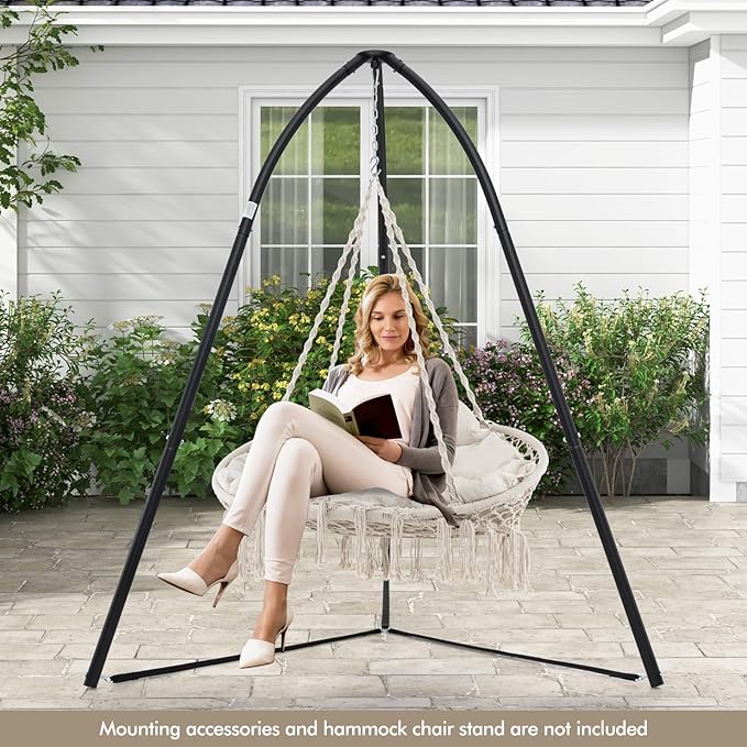 Tangkula 2-Person Hanging Hammock Chair Boho Style Macrame Hammock Swing with Soft Cushions Tassels Indoor Outdoor Cotton Rope Hanging Swing Chair for Bedroom Porch Balcony