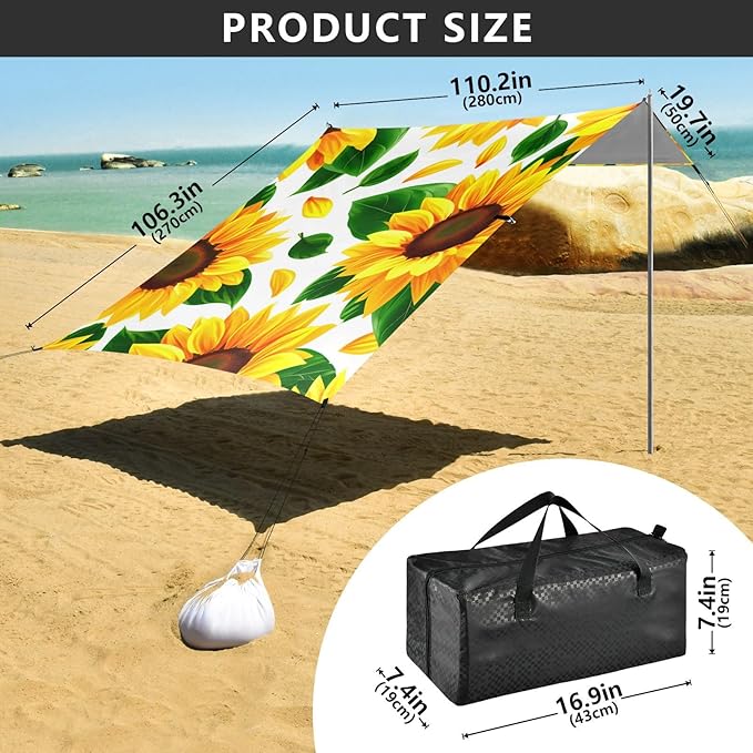 Beach Canopy with Windproof Ropes &amp Sandbags Beach Tent Sun Shade Sun Shelter for Camping Trips Fishing Backyard Fun or Picnics Sunflowers
