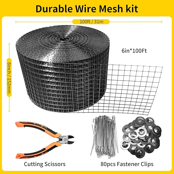 Solar Panel Bird Guard6in X 100ft Critter Guard for Solar Panels1/2inch mesh Black Coated Galvanized Rust-Resistant Netroof Protection net Kitwith 80 Fastener Clips and Cutting Scissor
