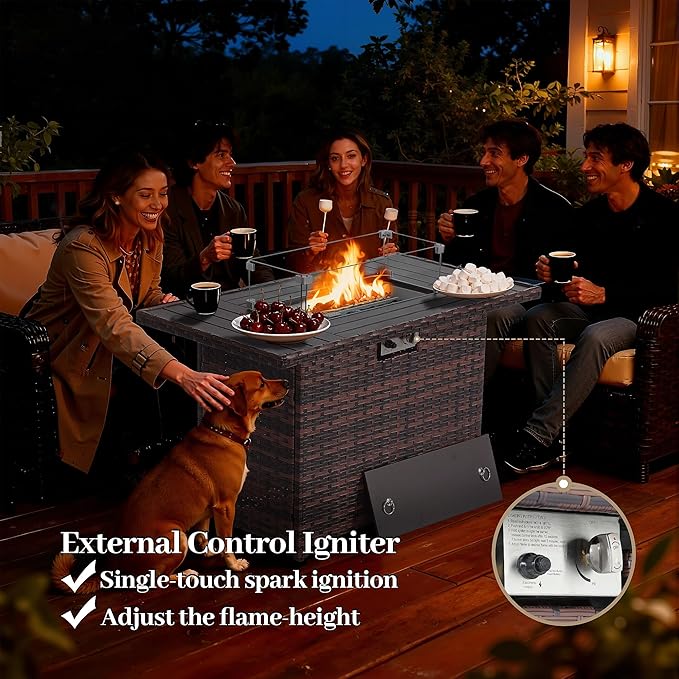 EortheX 44 Inch Propane Fire Pit Steel Gas Fire Feature Table with Iron LidGlass Rock Rain Cover and Tempered Glass Wind Guard for Outside Garden Backyard Deck Patio