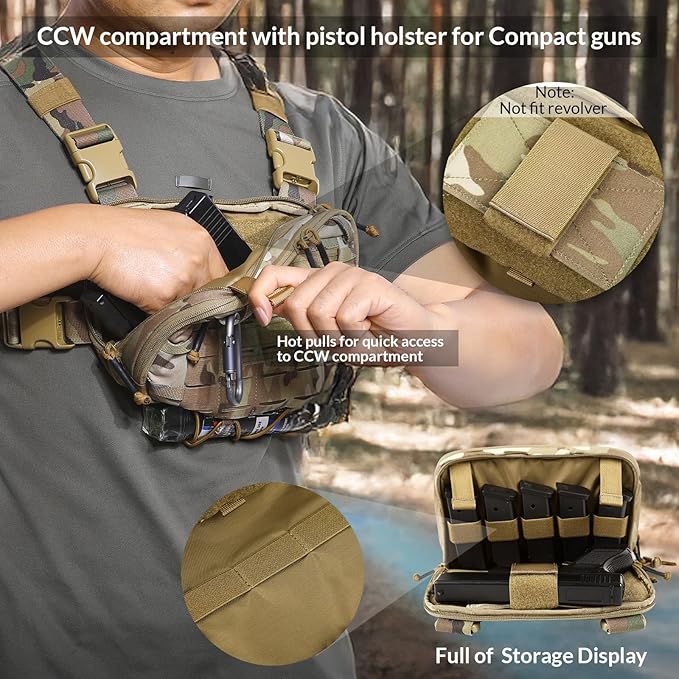 Tactical Chest Pack EDC Chest Bag 2L Utility Molle Chest Rig Pouch with CCW Compartment Adjustable Strap Outdoor