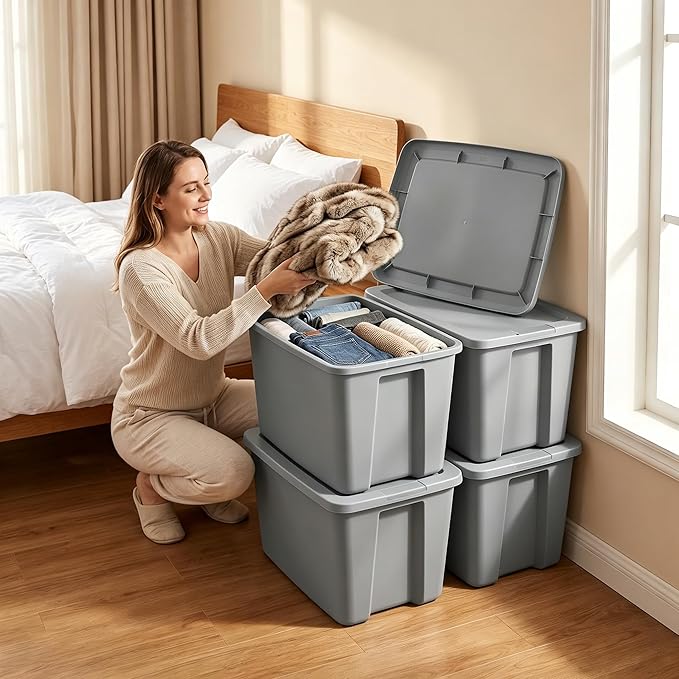 (2 Pack) 18 Gallon Gray Plastic Storage Bins with Snap-On Lids - Stackable Heavy-Duty Totes for Garage Closet Basement Attic &amp Home Organization