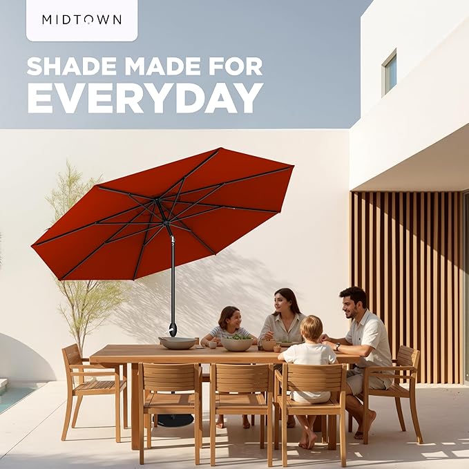 Midtown Umbrellas - 10-Year-No-Fade 8 Ft Patio Umbrella with Terylast Fabric Auto-Tilt Aluminum Frame and 8 Reinforced Ribs for Deck Pool Garden &amp Beach - Apple Red Canopy Black Pole