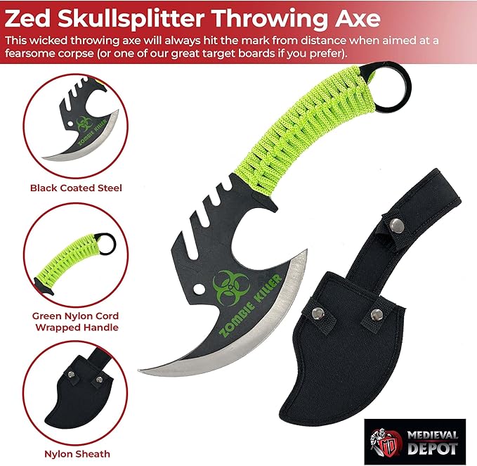 MedievalDepot Zed Skullsplitter Throwing Axe – 11 Full Tang Metal Blade with Nylon Cord Grip Sheath Included – Outdoor Throwing Practice &amp Collection (Green)