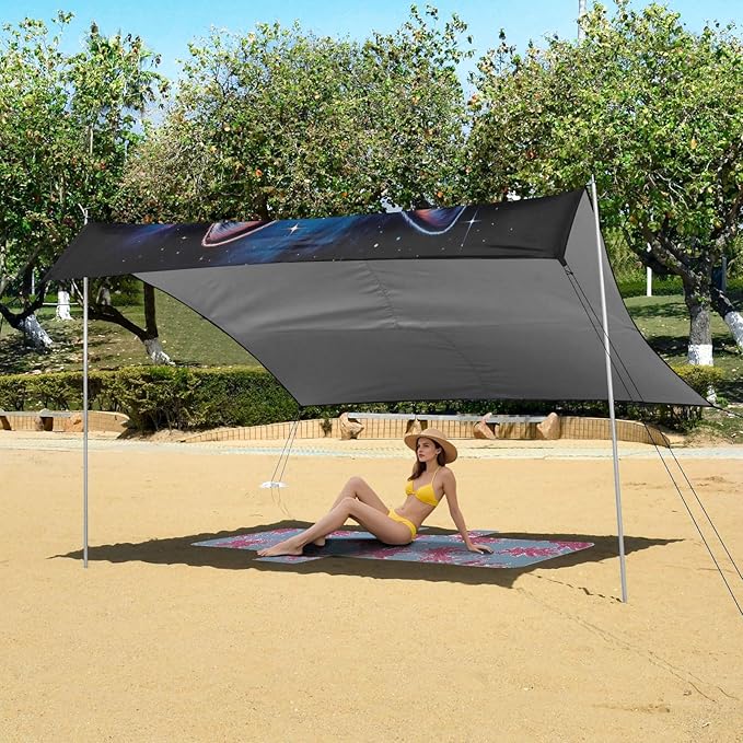 ALAZA Fox Head in Nebula Beach Tent Sun Shelter UPF50+ Protection Beach Shade Canopy w/ 4 Sandbags for Outdoor Camping Fishing Backyard Fun Picnic 10x9 ft