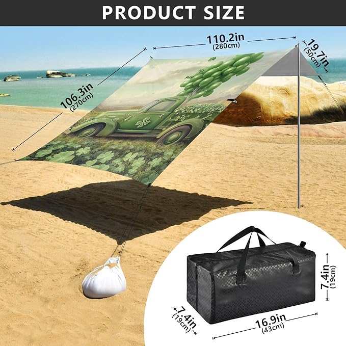 ALAZA St. Patrick's Day Green Car Balloons Clover Beach Tent Sun Shelter Portable Canopy Sunshade for Outdoor Camping Picnics Backyard Fun 10x9 ft